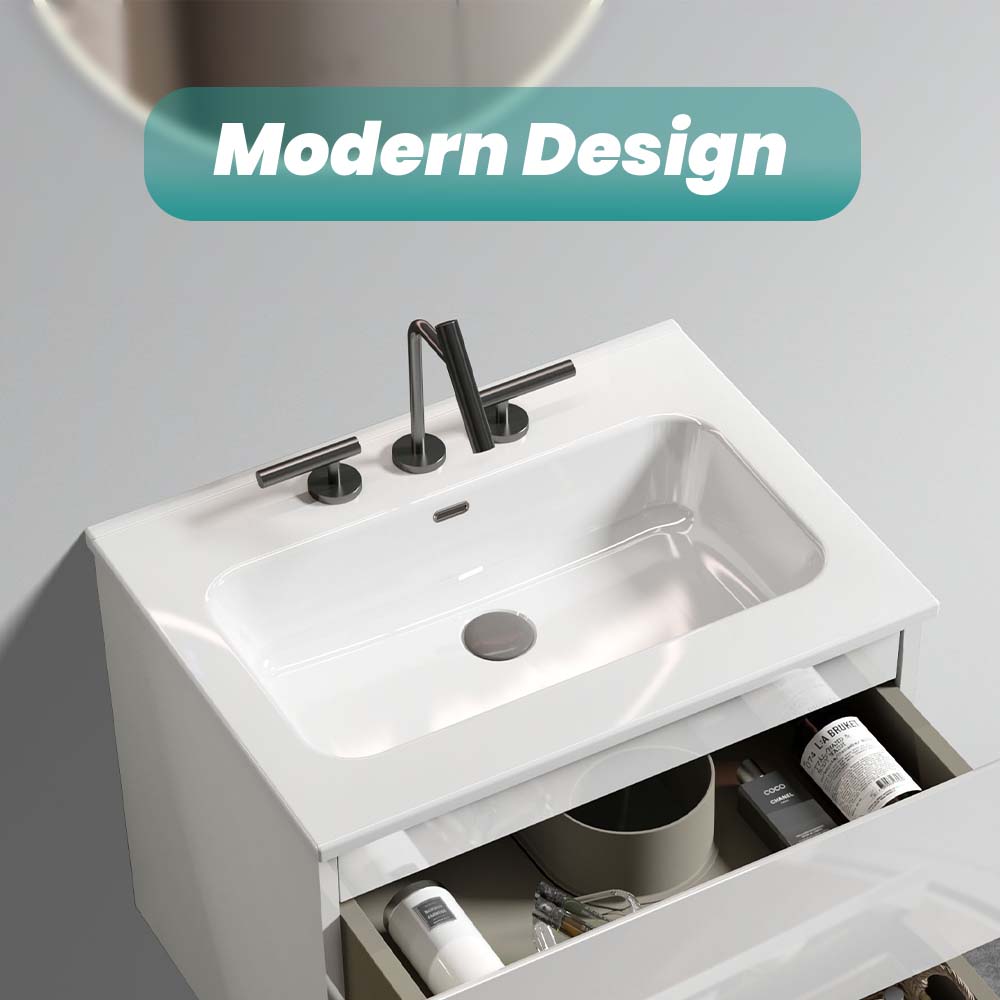 Glossy White Ceramic Integrated Bathroom Sink