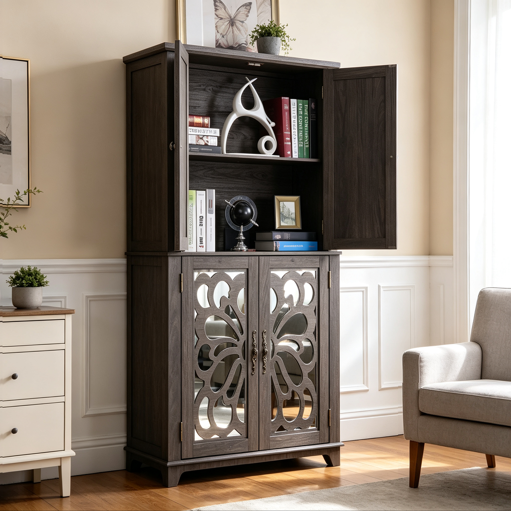 Display Sideboard Buffet with 4 Acrylic Mirrored Doors