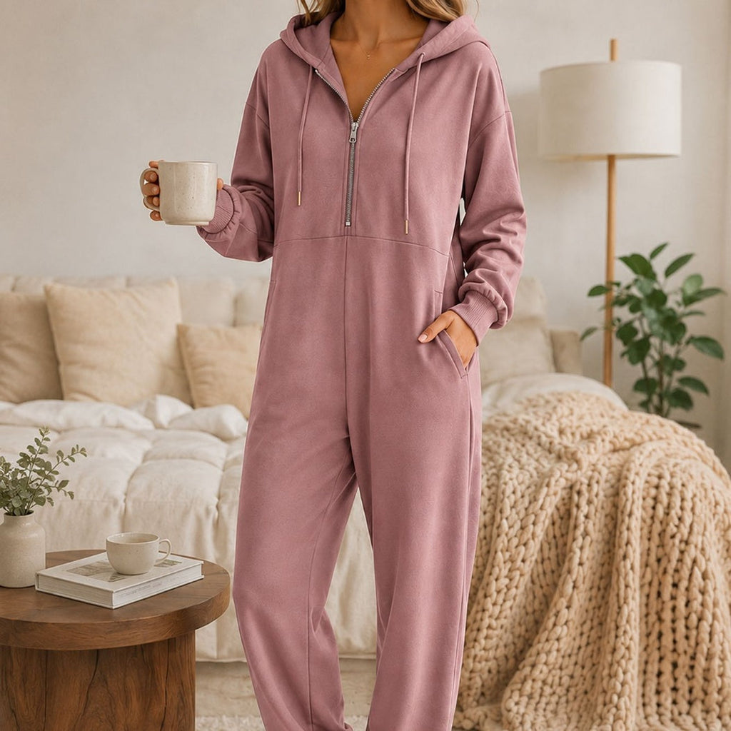 Hooded Zip-up Casual Loose-fitting Jumpsuit