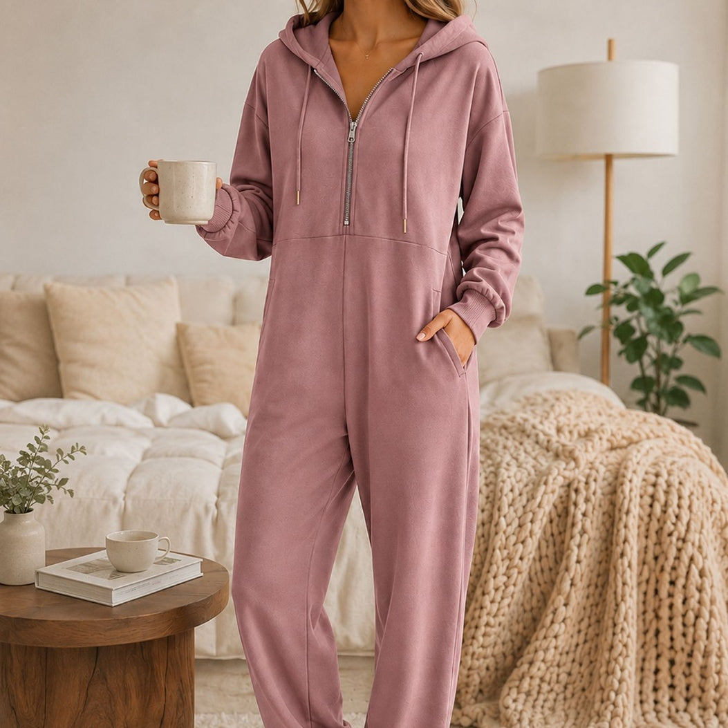 Hooded Zip-up Casual Loose-fitting Jumpsuit