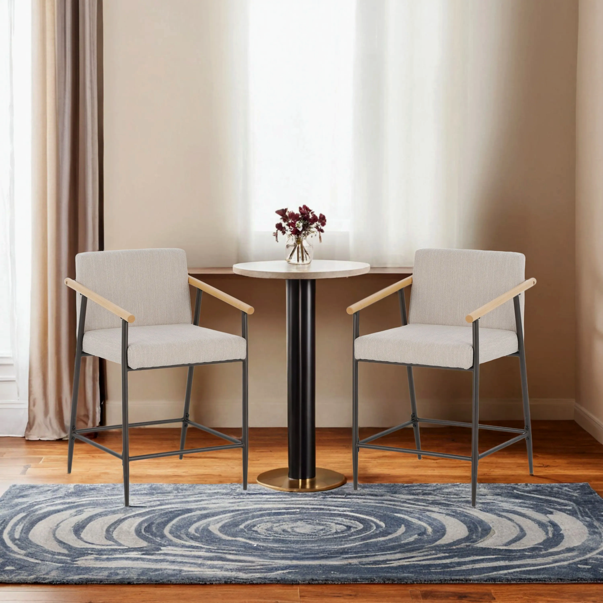 Counter Stool with Iron Frame - Set of 2 - Espresso + Beige