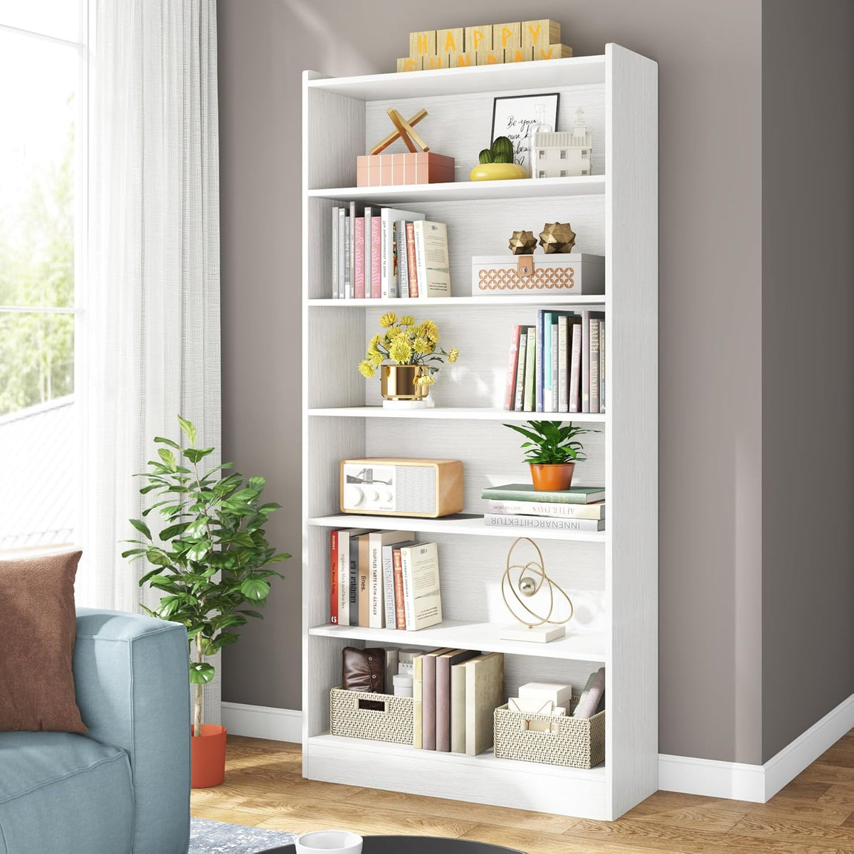 78" 7-Tier Modern White Library Bookshelf