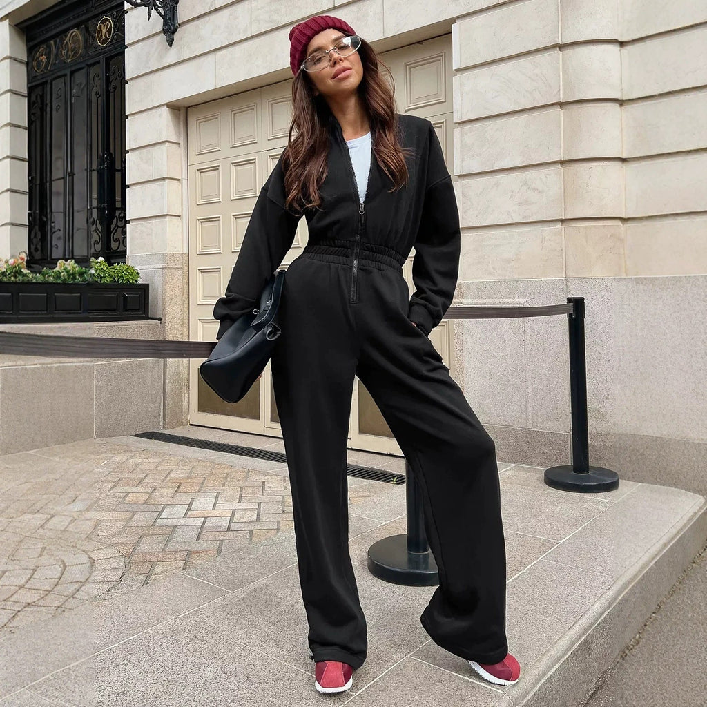 Women's Casual Long-sleeve Zip-up Collar Jumpsuit