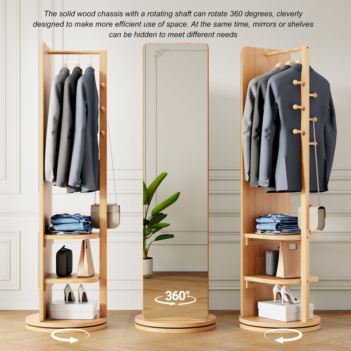 360° Rotating Multifunctional Full Length Mirror with Hook Storage Rack
