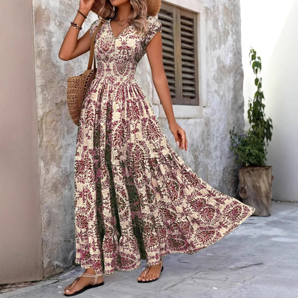 2026 Amazon Cross-Border Export Retro Printed Dress Fashionable And Elegant V Neck Short-Sleeved Dress Women's Dress