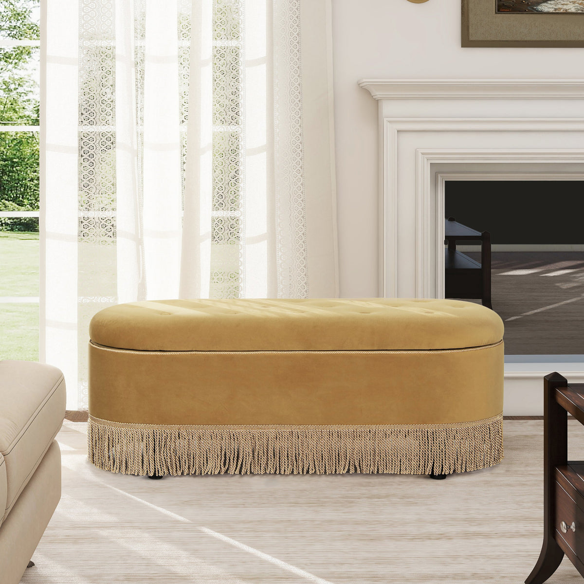 Melinda 48.5" Oval Tufted Bullion Fringe Storage Bench