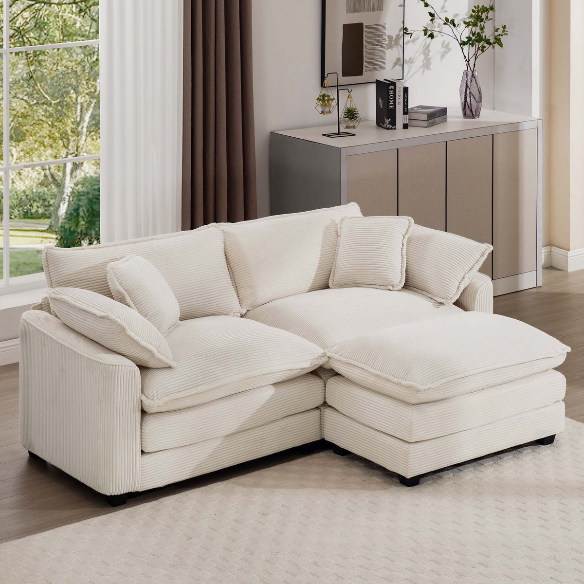 Corduroy Two-Seater Sofa with 1 Footrest