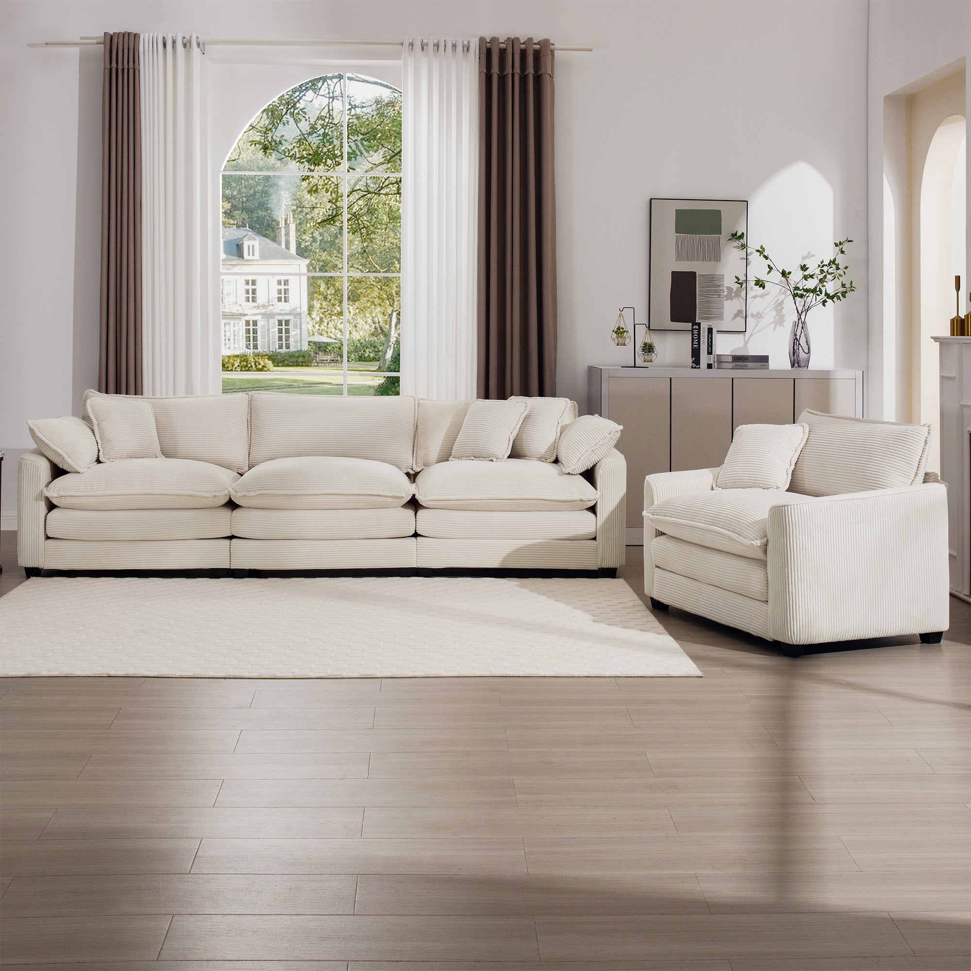 Mid-Century Modern Set of 2 Sofas with One 3-Seater Sofa and One Single Accent Chair