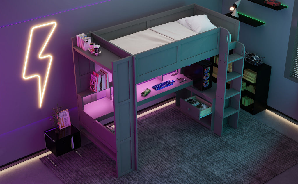 Wood Twin Size Gaming Loft Bed with Desk, Multi-storage Shelves, LED and Charging Station