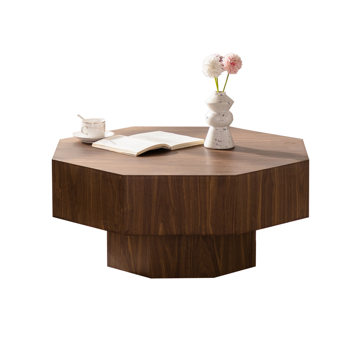 30.51 Inch Coffee Table Wooden Octagonal-Shaped for Living Room