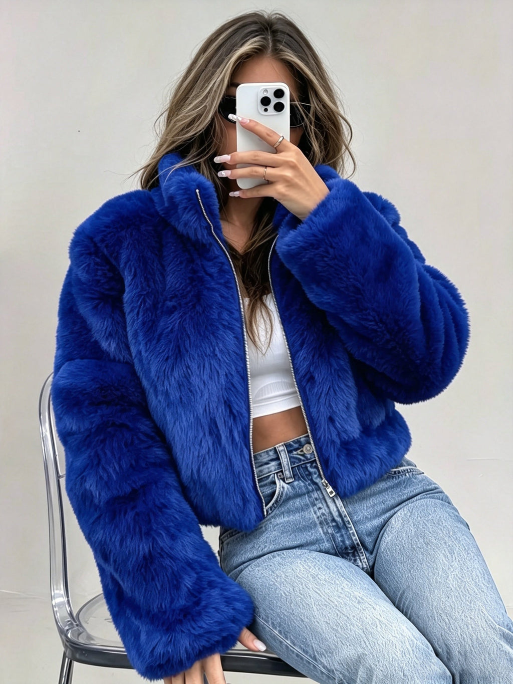 Women Cropped Faux Fur Zip Up Stand Collar Jacket