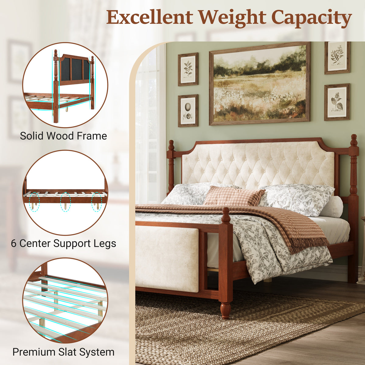 King Size Upholstered Platform Bed with Button Tufted Headboard