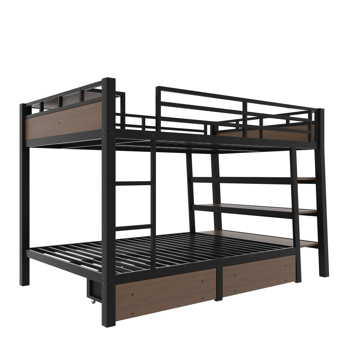 Full Size Metal Bunk Bed with Storage Shelves, LED Light Strip, and USB Power Strip