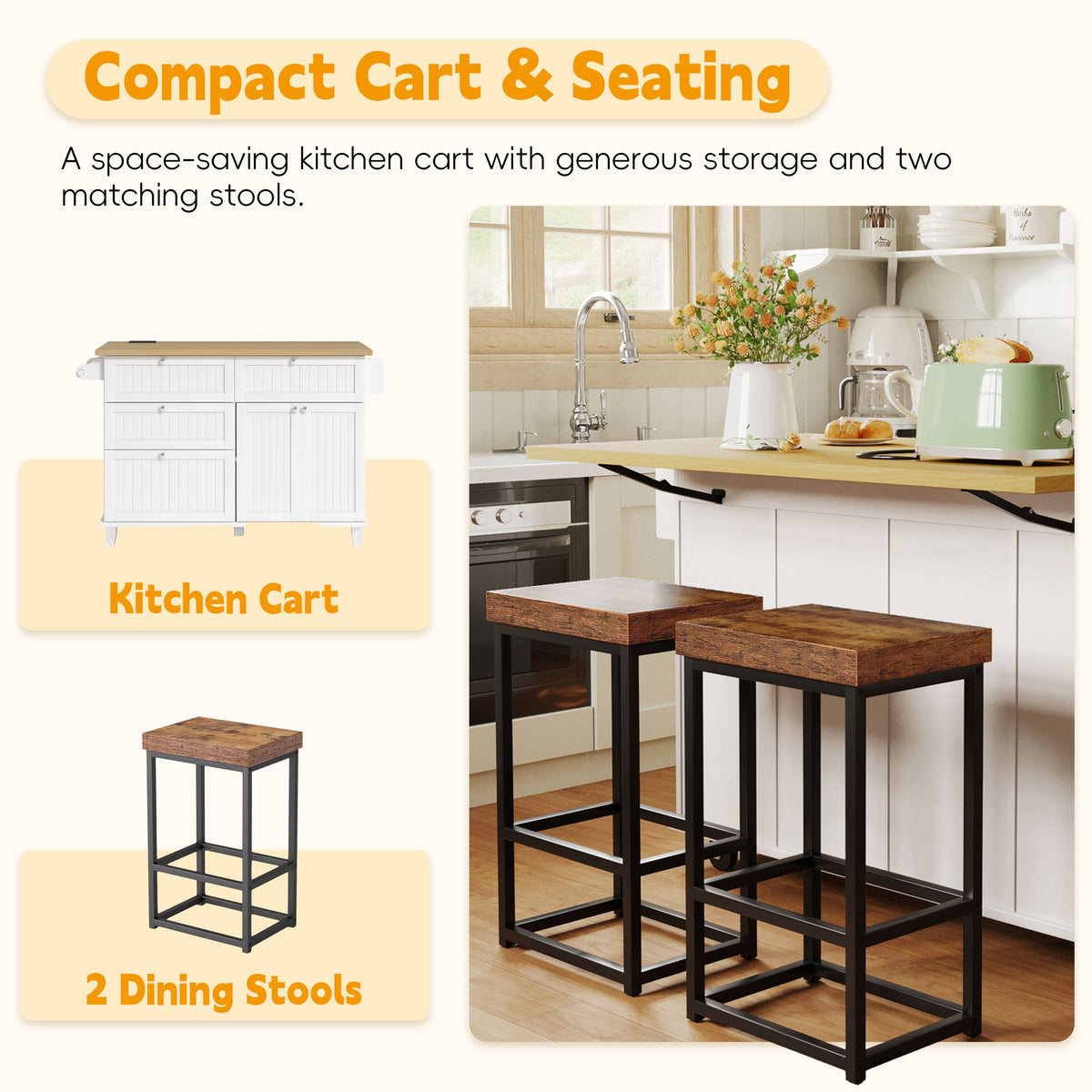Topmax Farmhouse Kitchen Island with Drop Leaf and 2 Seatings