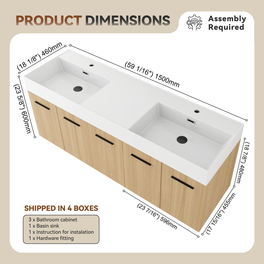 60" Floating Double Sink Bathroom Vanity with Extra-Large Storage