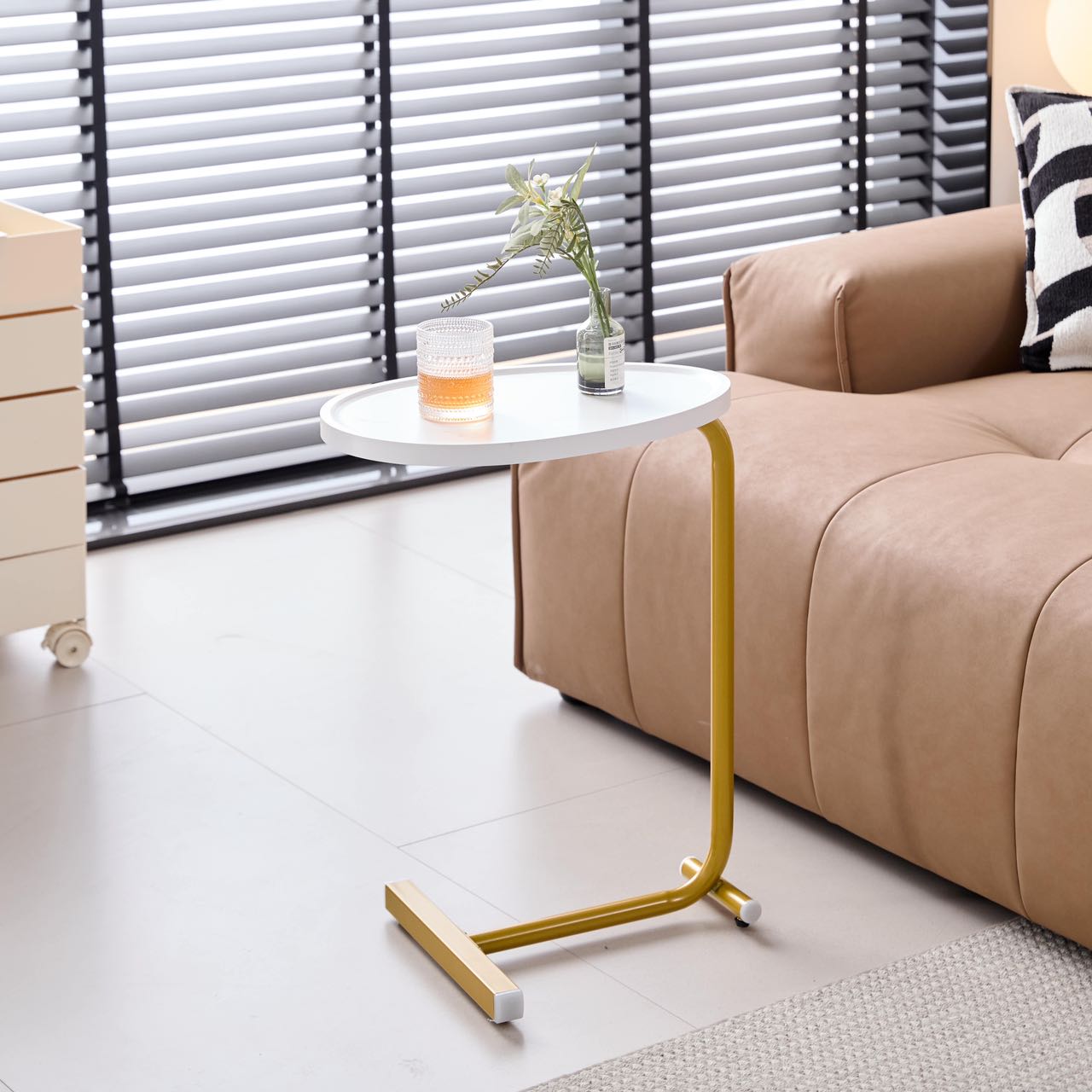 White C-shaped Side Table for Living Room & Bedroom