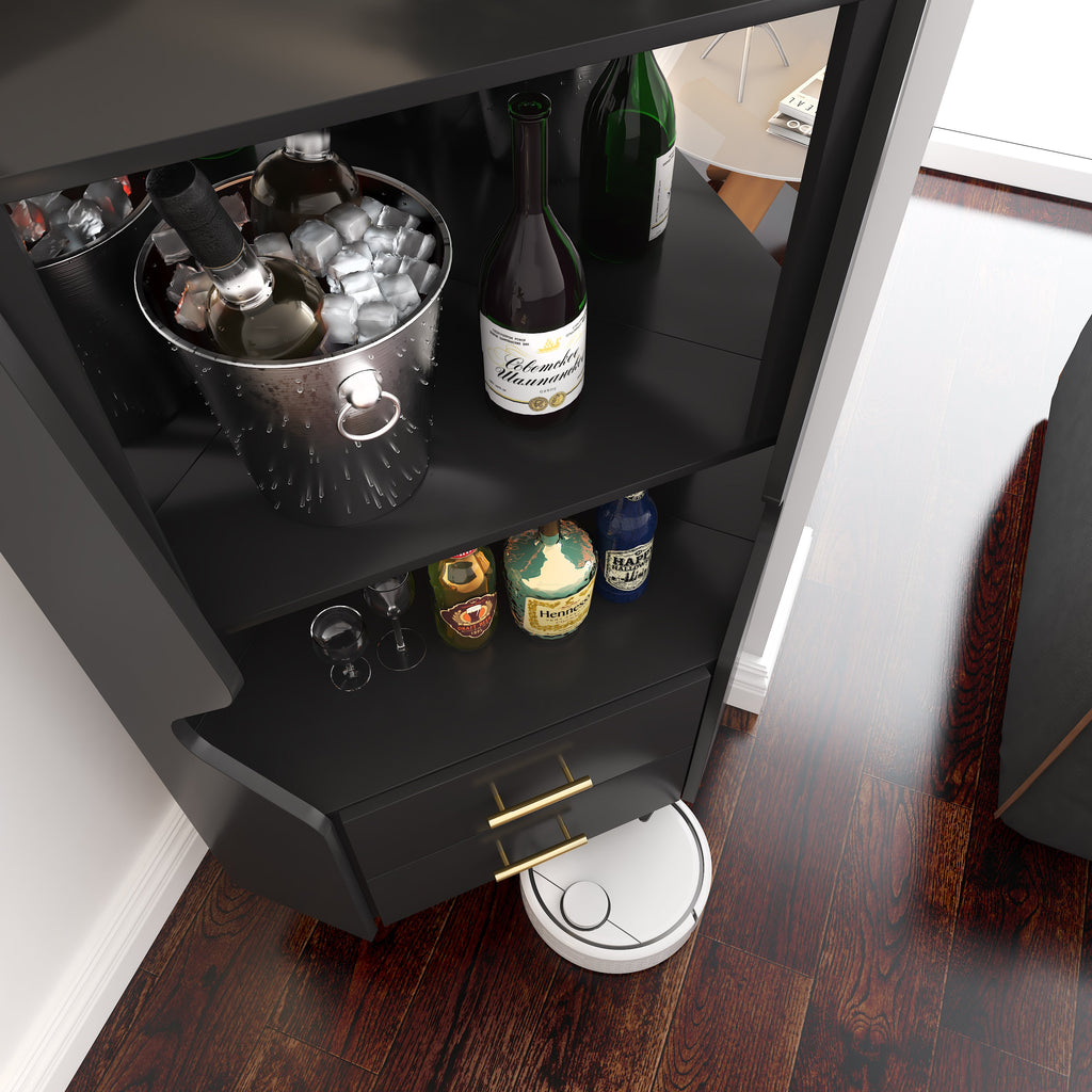 Wooden Corner Bar Cabinet With 2 Open Storage Shelves And 2 Drawers
