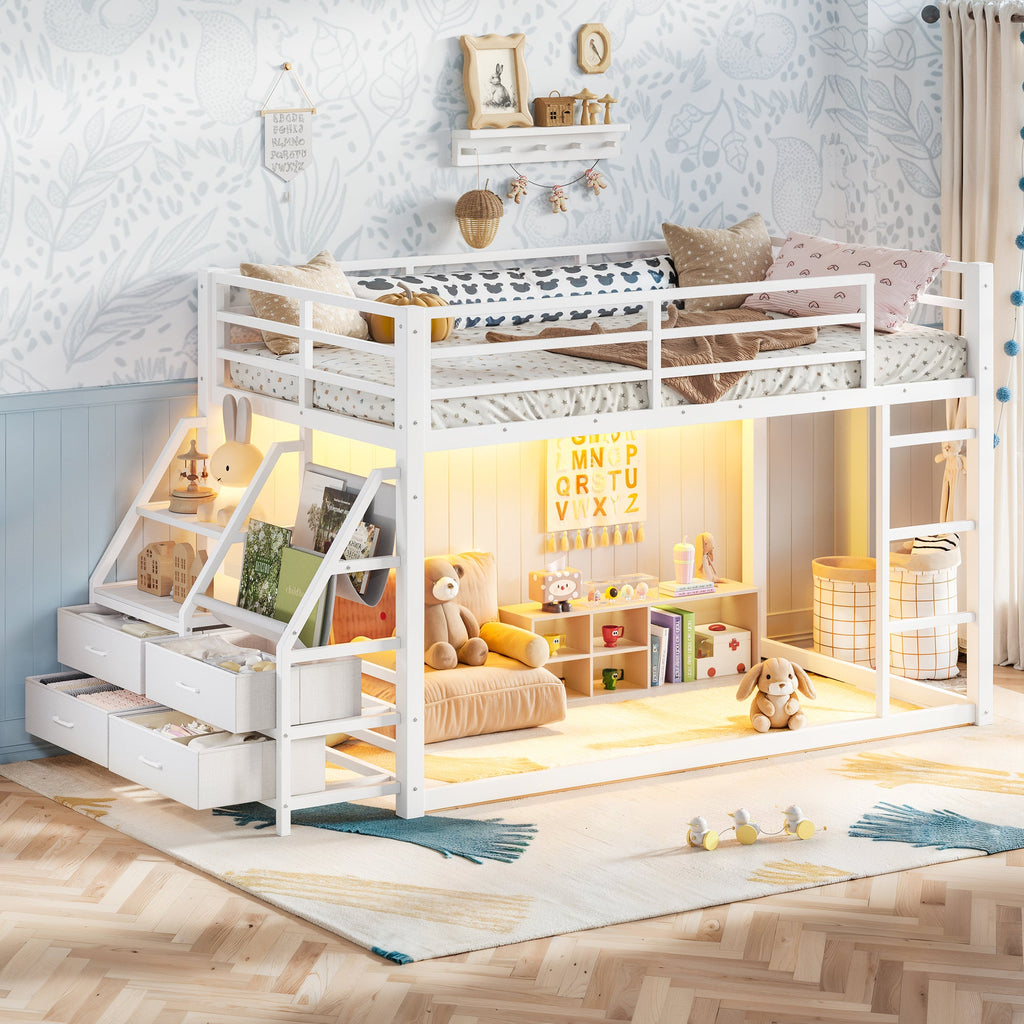 Twin Over Twin Bunk Bed with Storage Shelves and LED Lights