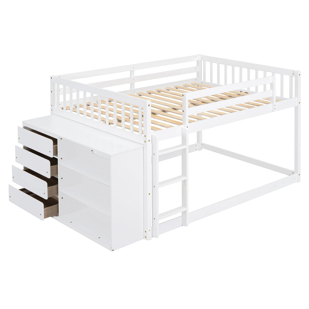 Full Over Full Bunk Bed with 4 Drawers and 3 Shelves - White