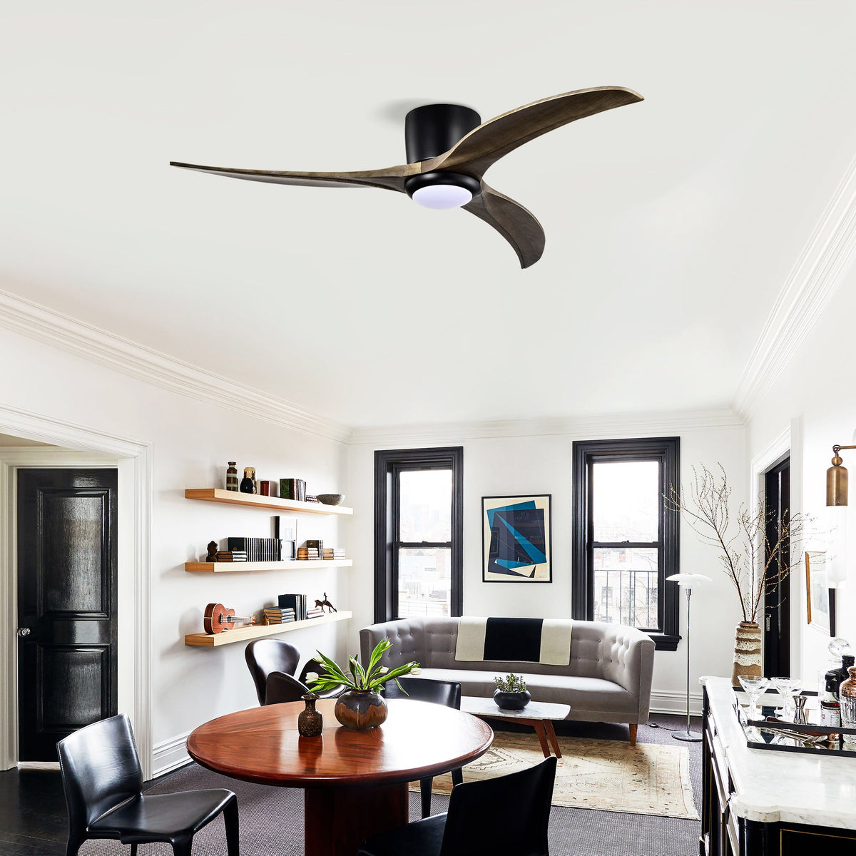 52" Flush Mount Solid Wood Blades Ceiling Fan with Lights