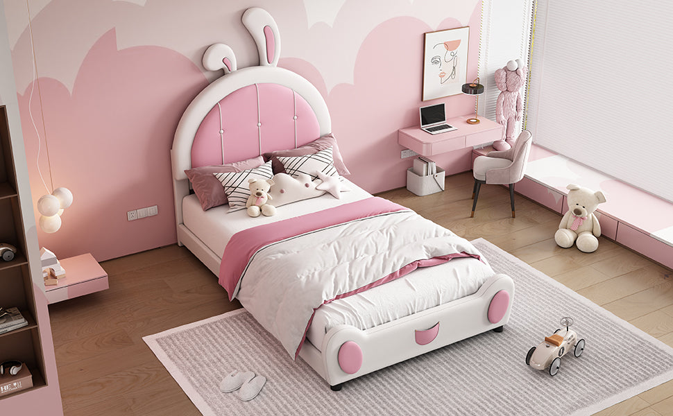 Twin Size Upholstered Platform Bed With Rabbit Shaped Headboard