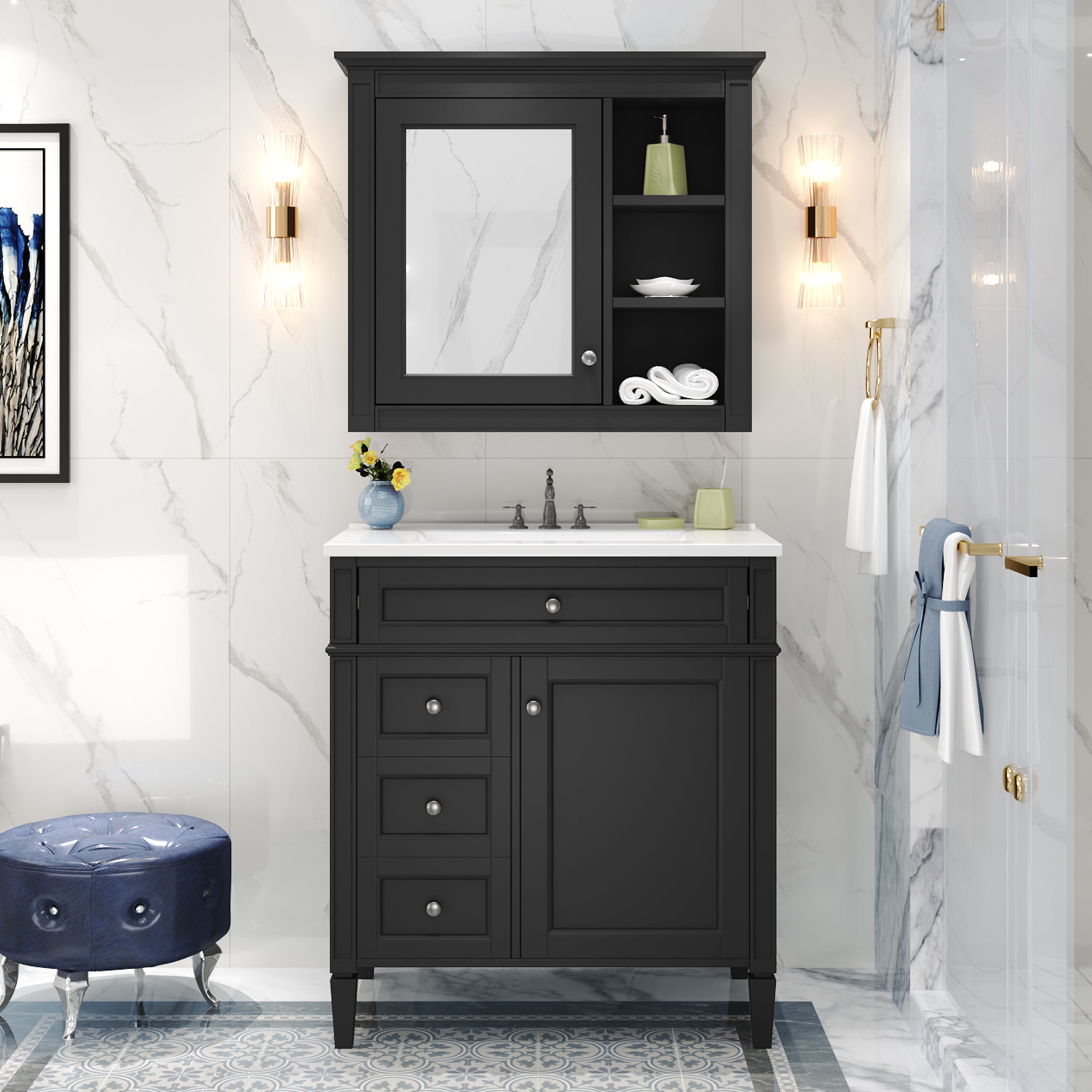 30" Bathroom Vanity with Top Sink, Modern Storage Cabinet