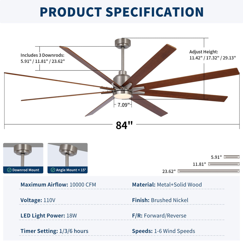 84" Oversized Large Brushed Nickel Ceiling Fan