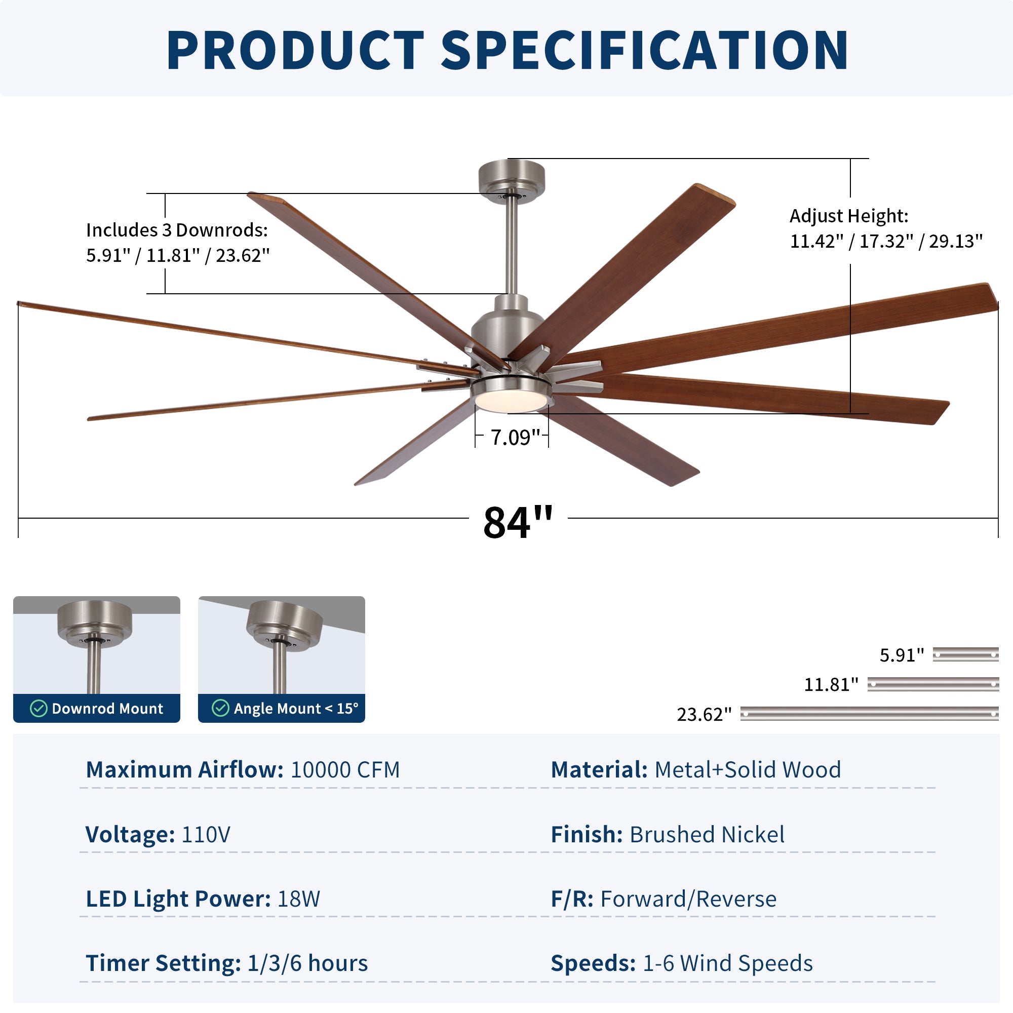 84" Oversized Large Brushed Nickel Ceiling Fan