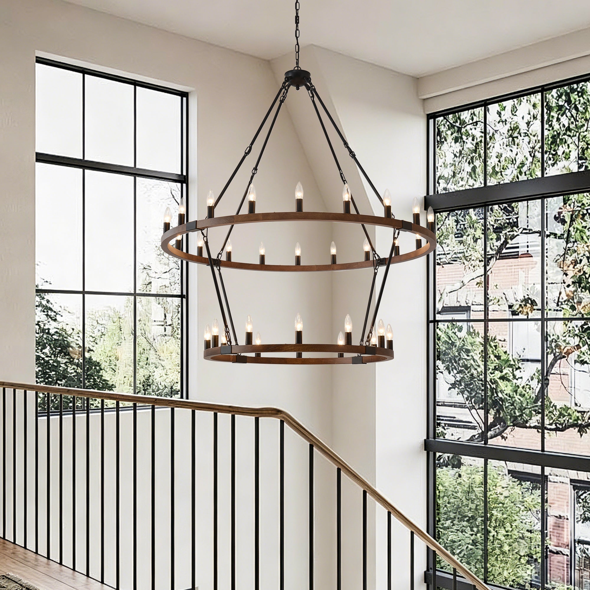 Large Solid Wood Wagon Wheel Chandelier - 32 Lights