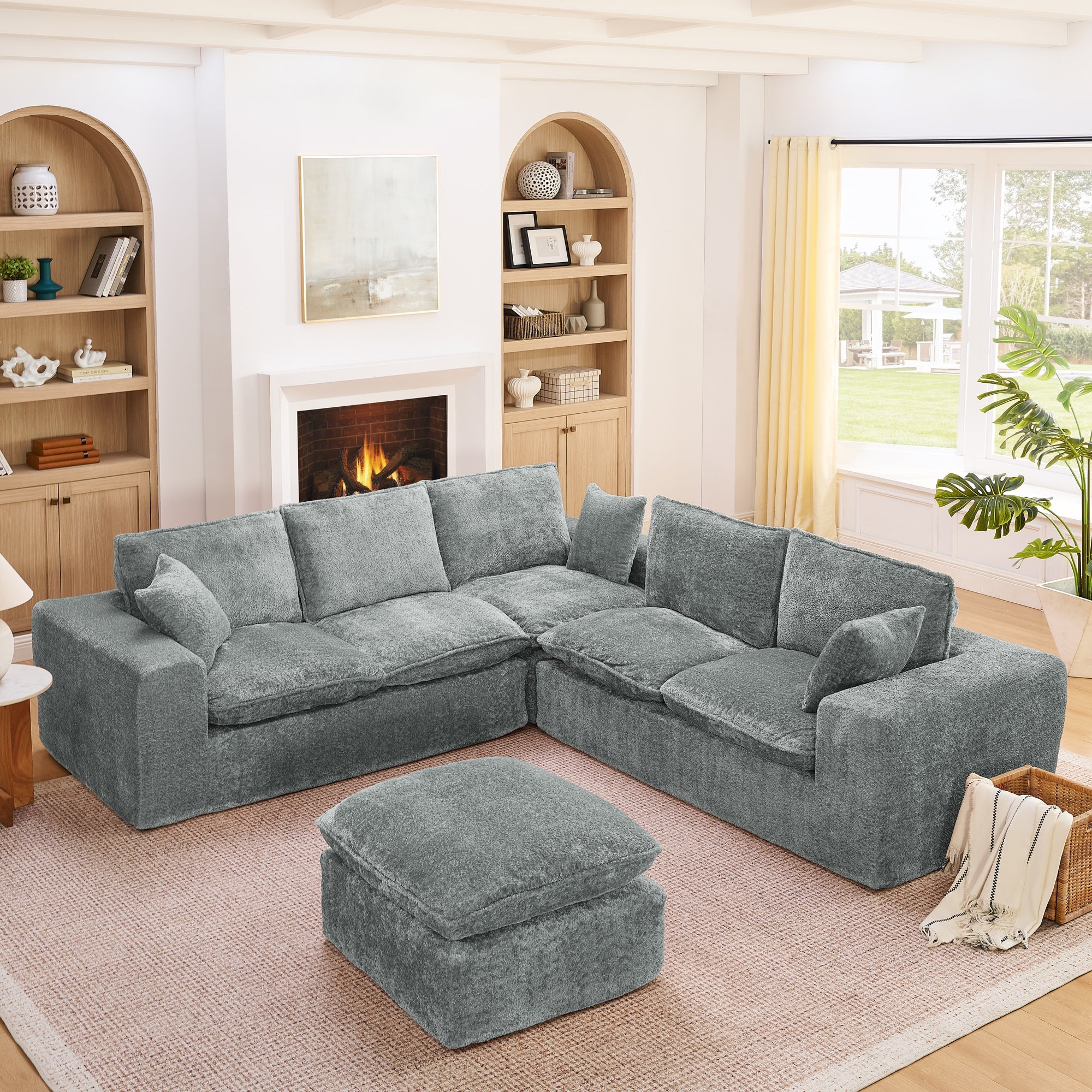 107'' Modern Boucle L-shaped Sectional Sofa with Moveable Ottoman