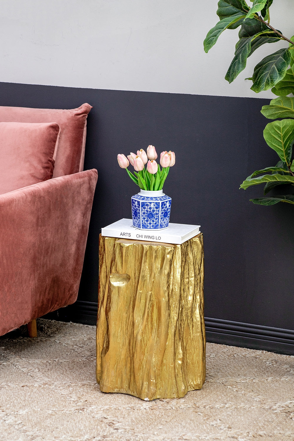 Unique Golden Tree Trunk Stool, Antique