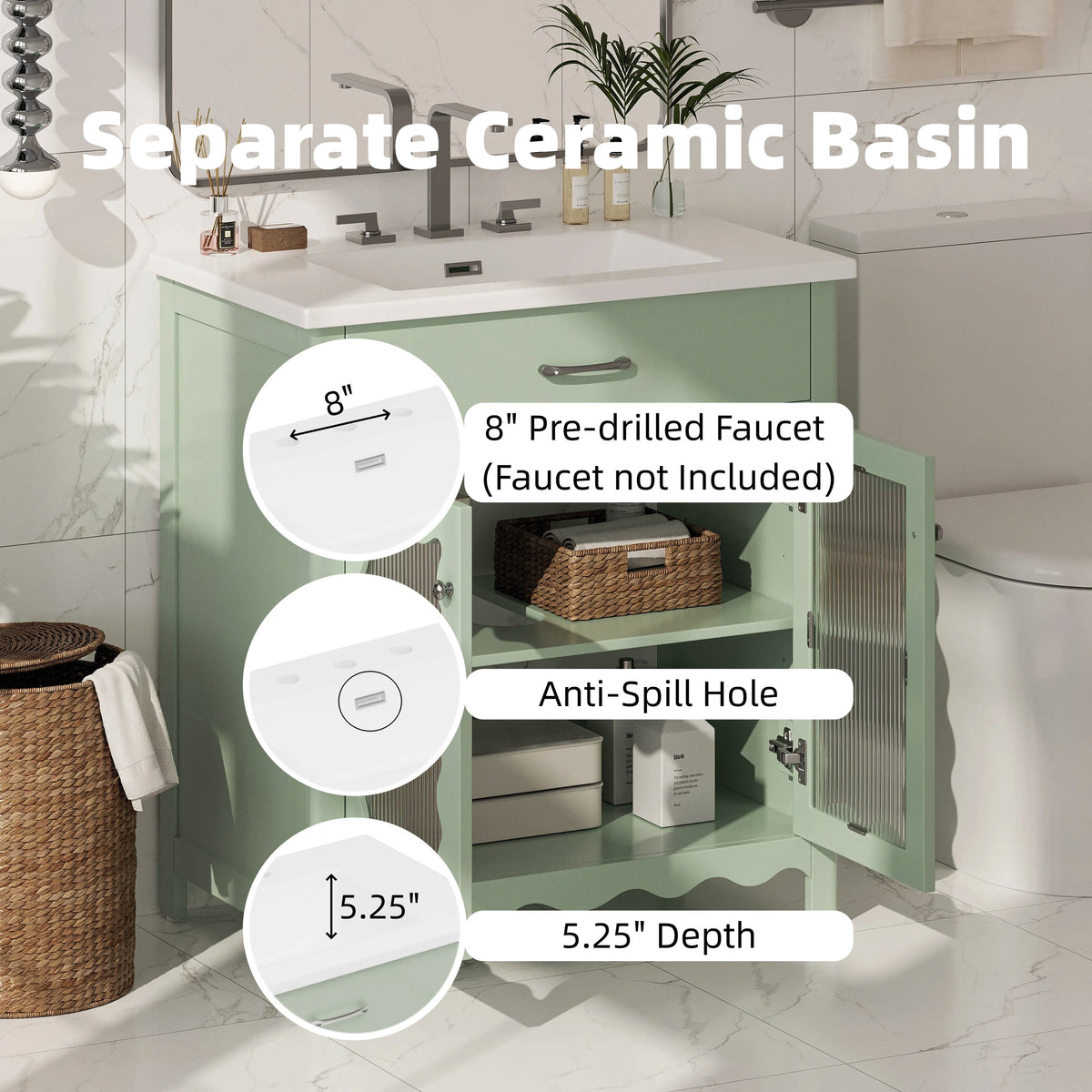 30 Inch Bathroom Vanity with Tempered Glass