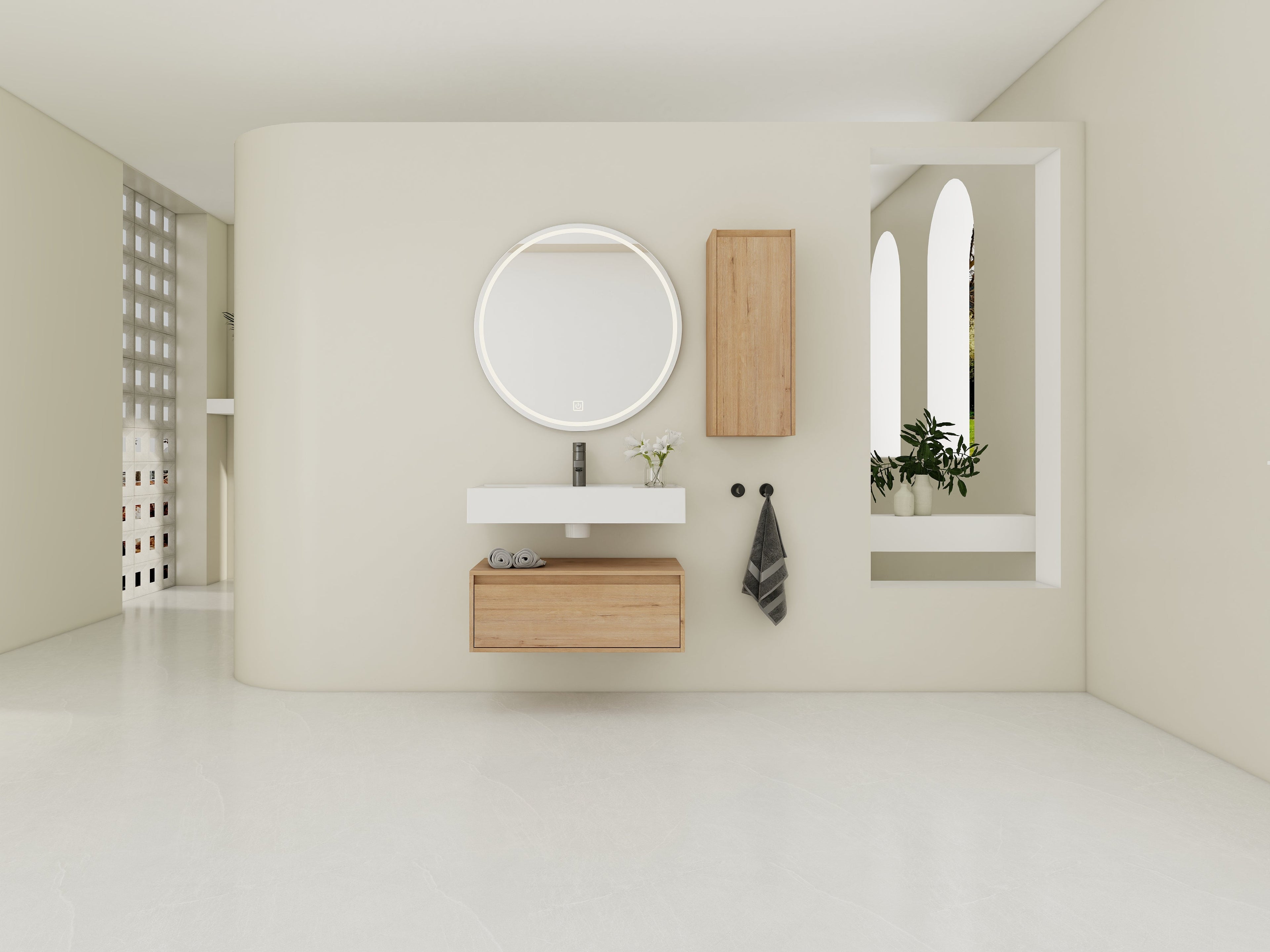 30 Inch Wall-Mounted Bathroom Vanity with Resin Sink and Side Cabinet