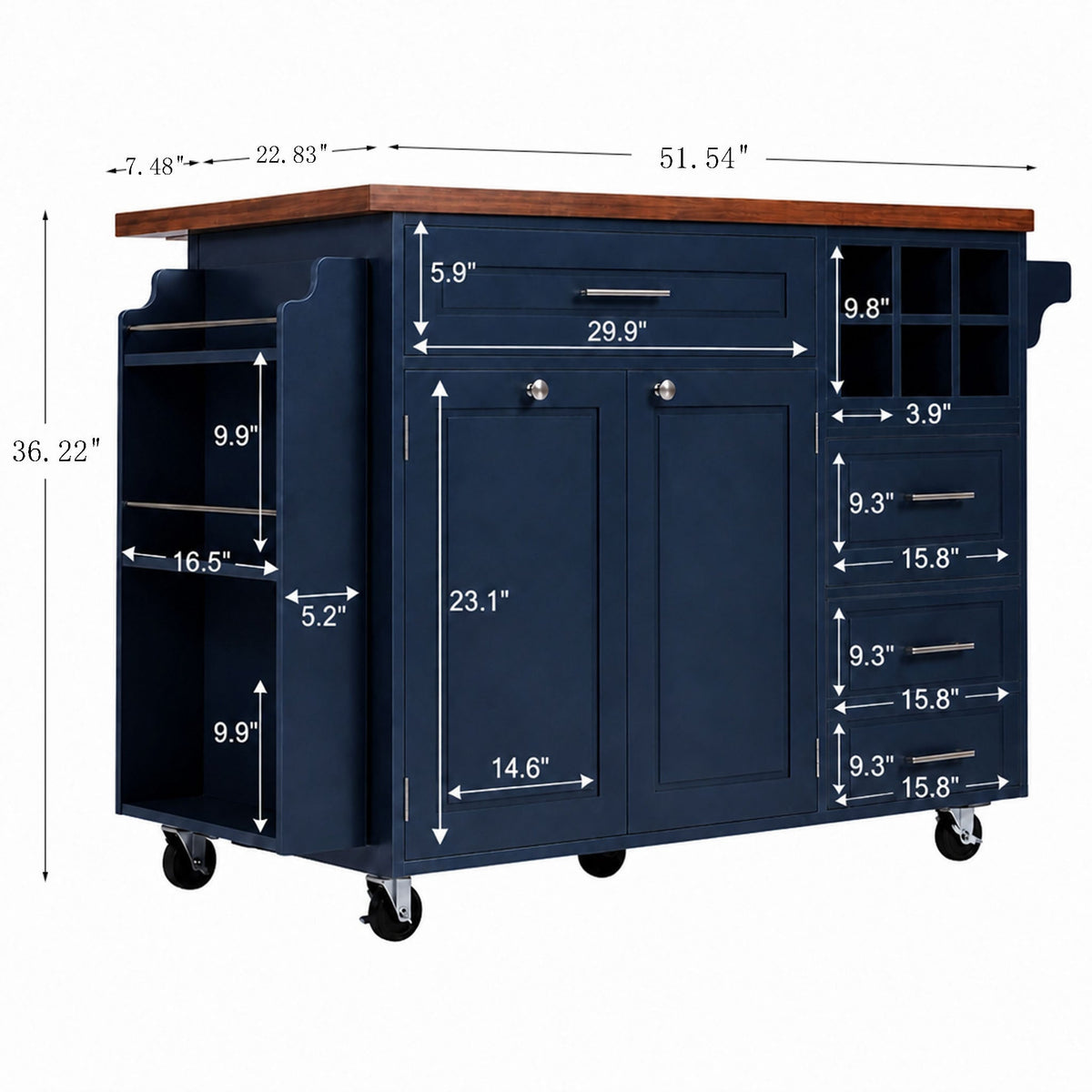 51.54" Rolling Kitchen Island Cart with Drop-Leaf