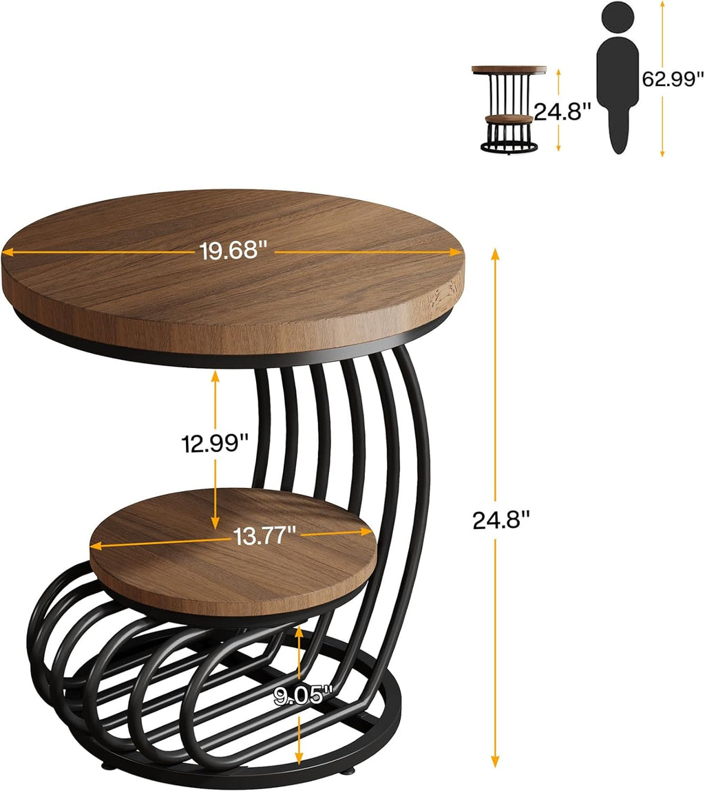 19.68" Round Vintage End Table with 2-Tier Storage