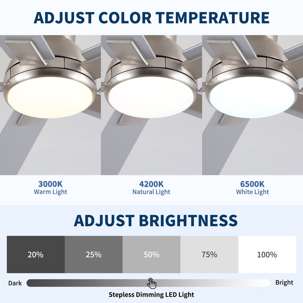 52" Modern Brushed Nickel Finish Reversible Quiet Motor Ceiling Fan