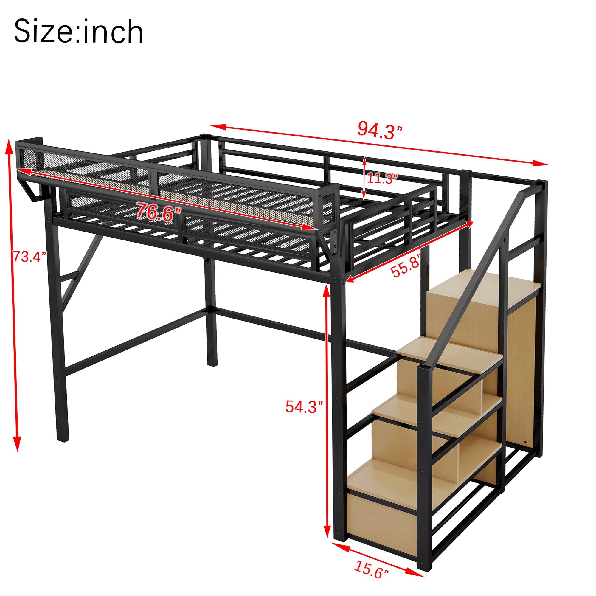 Full Size Loft Bed with Stairs and Storage Shelves