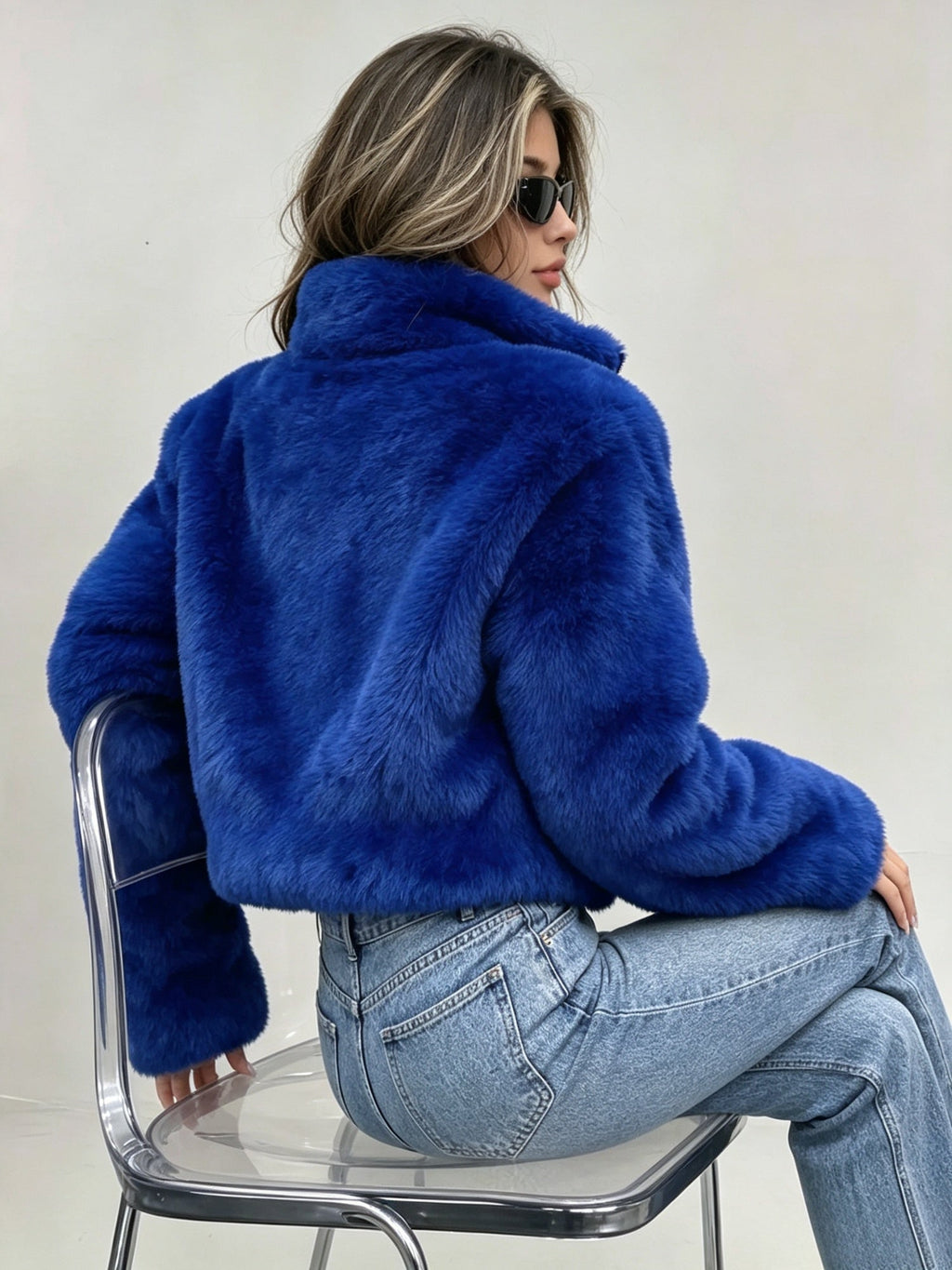 Women Cropped Faux Fur Zip Up Stand Collar Jacket