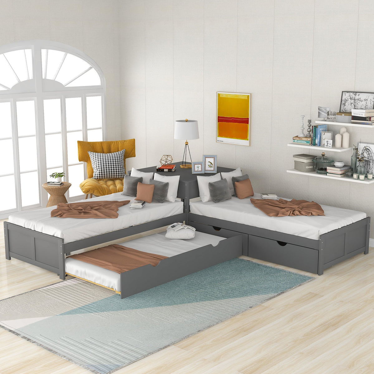 L-Shaped Platform Bed with Trundle and Built-In Desk - Gray