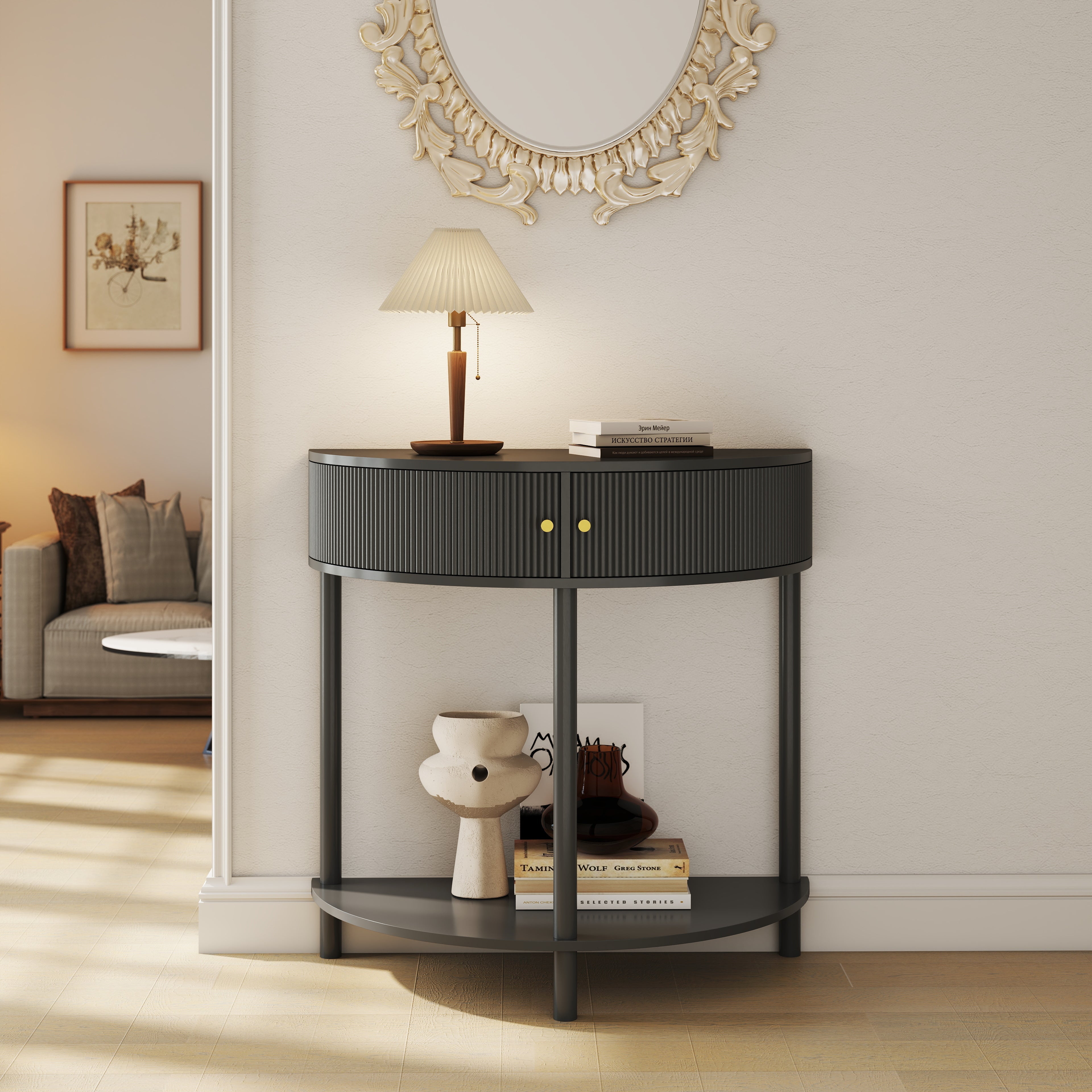 Artisan-Crafted Wave-Pattern Demi-Lune Console Table