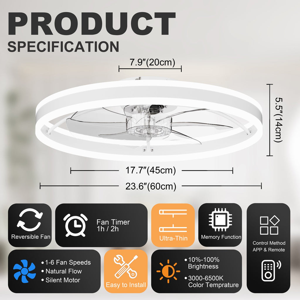 23.6 Inch Ceiling Fan with Light, Quiet DC Motor