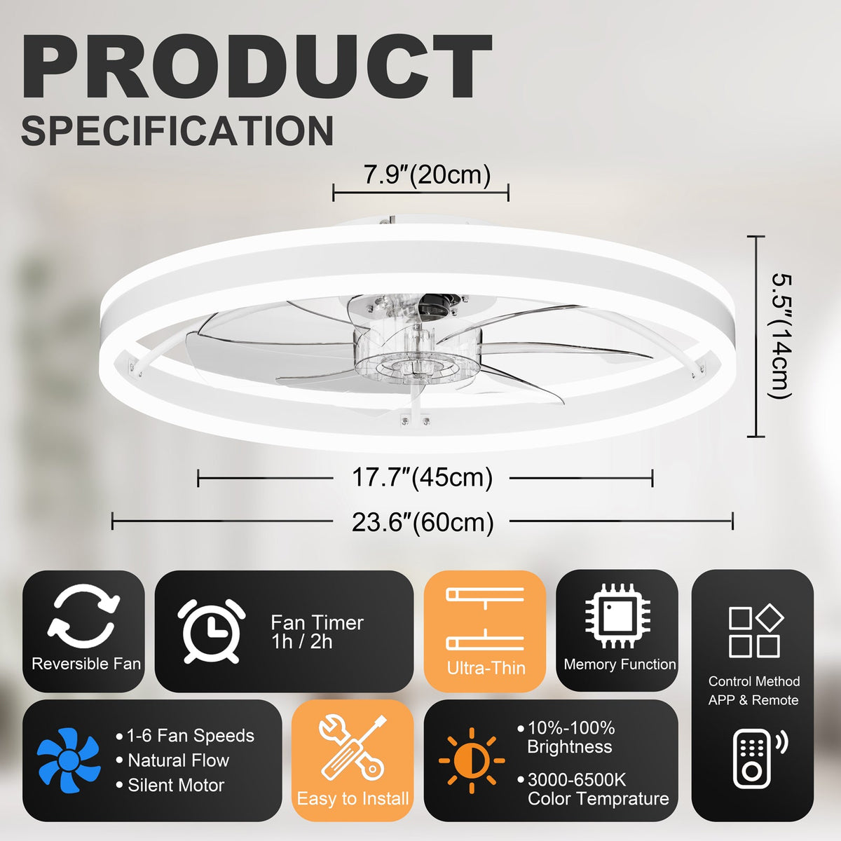 23.6 Inch Ceiling Fan with Light, Quiet DC Motor