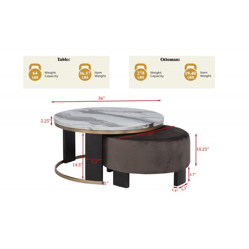 Nesting Coffee Table Set of 2, Faux Marble Top Round Coffee Table with Ottoman