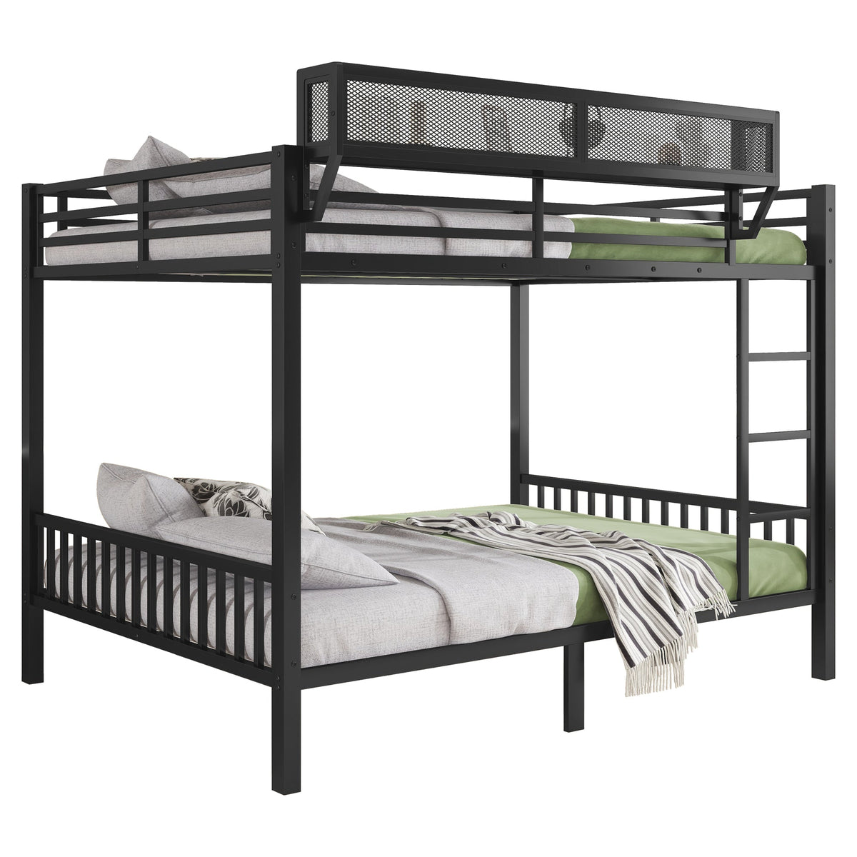 Queen Over Queen Metal Bunk Bed with Ladder and Storage Shelf