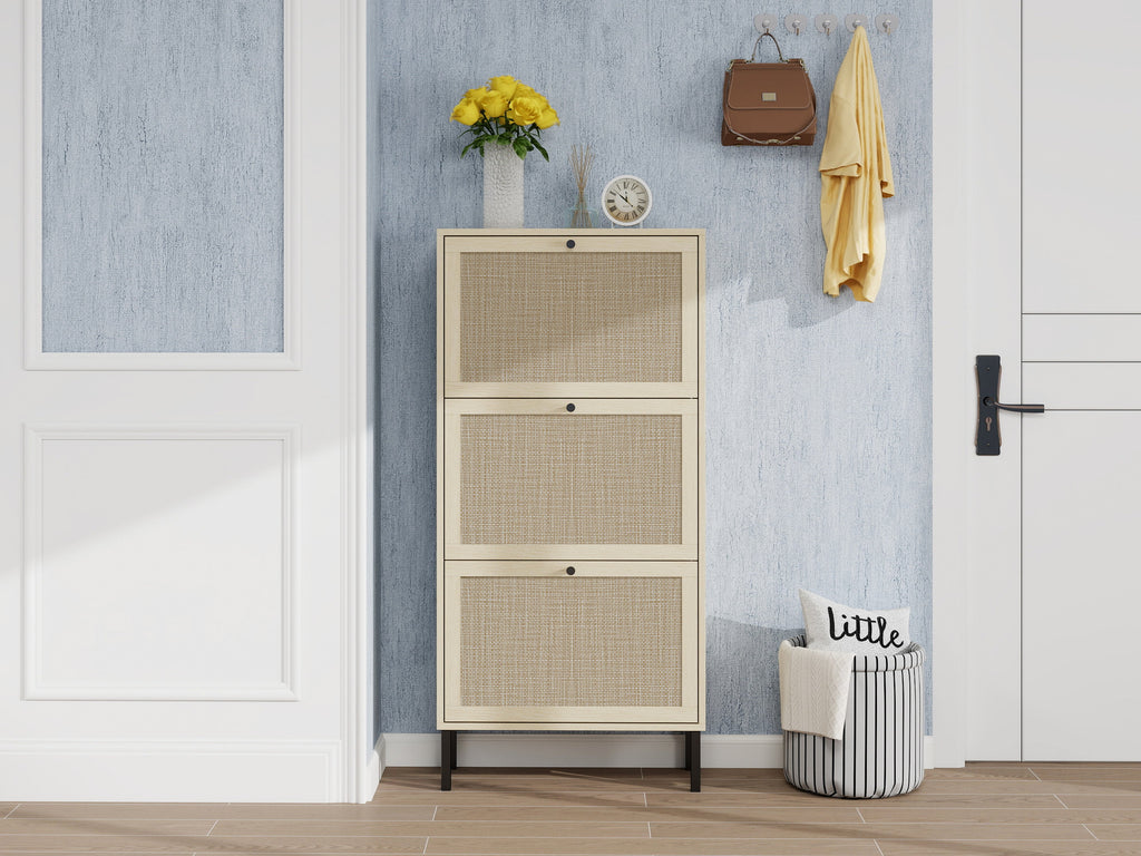 Rattan 3 Door Shoe Rack, Freestanding Modern Shoe Storage Cabinet