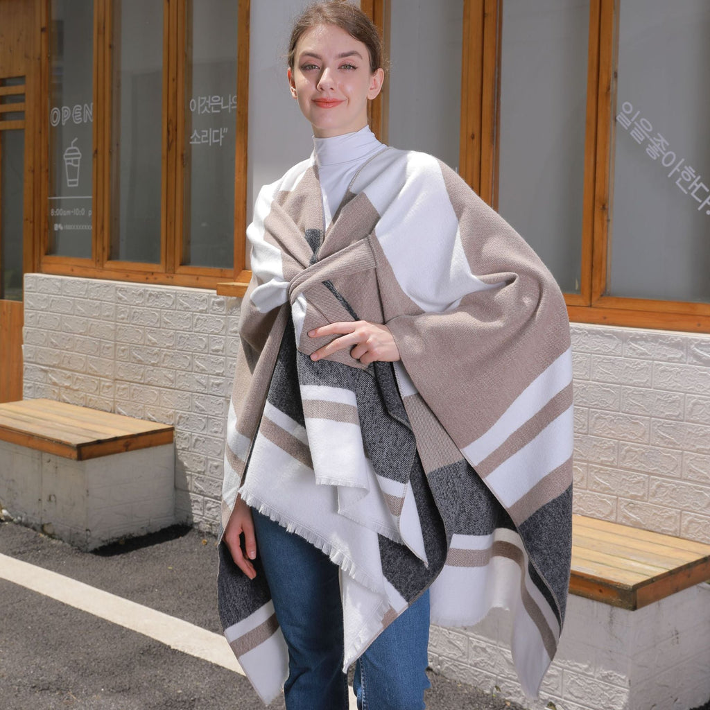 Womens Striped Tassel Cross-Strap Warm Cape Shawl