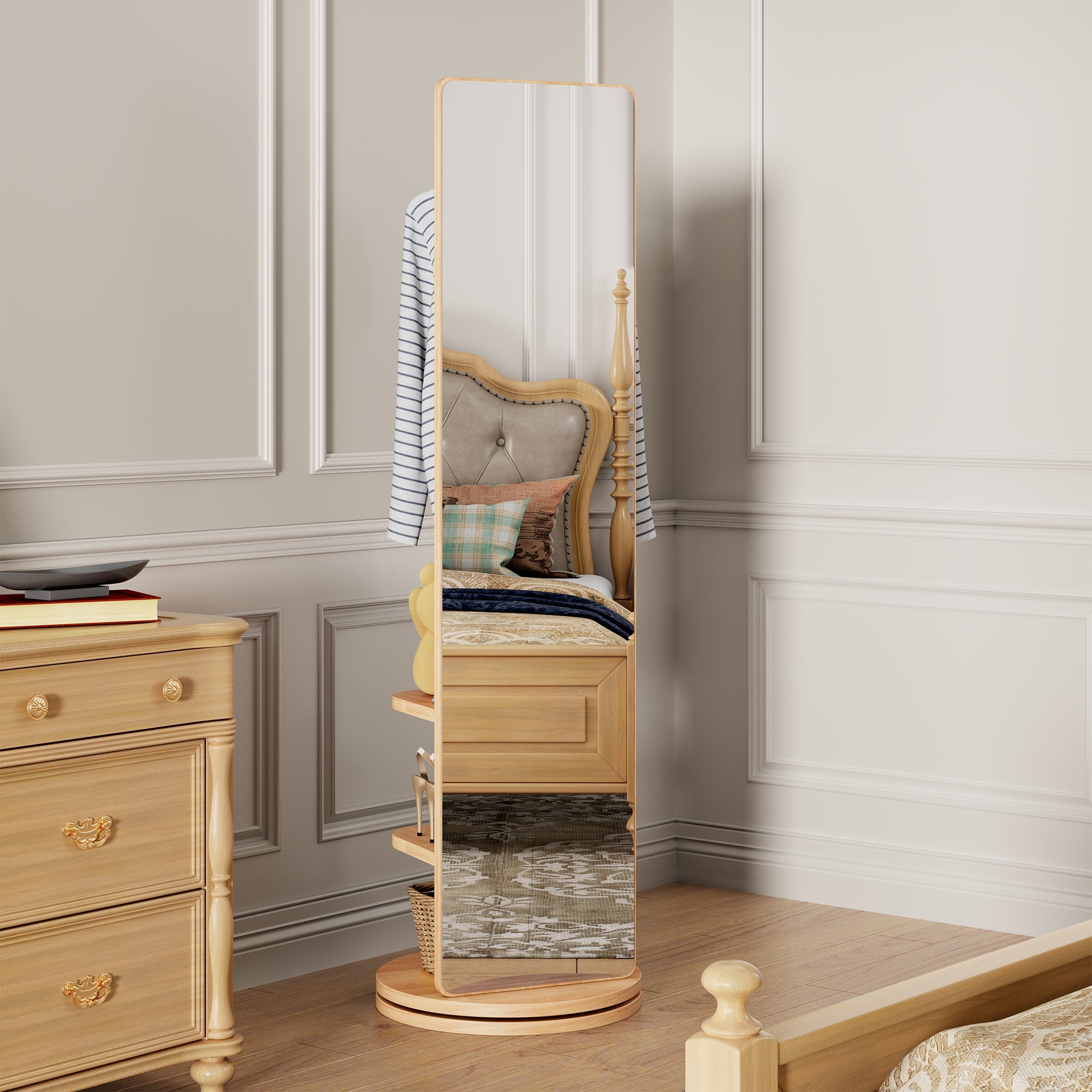 Multifunctional 360° Rotating Full Length Mirror with Coat Rack