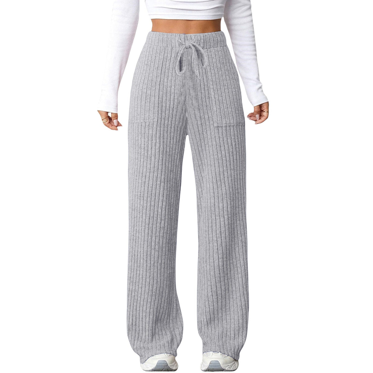 Women's Solid-Color Ribbed Pocket Casual Pants