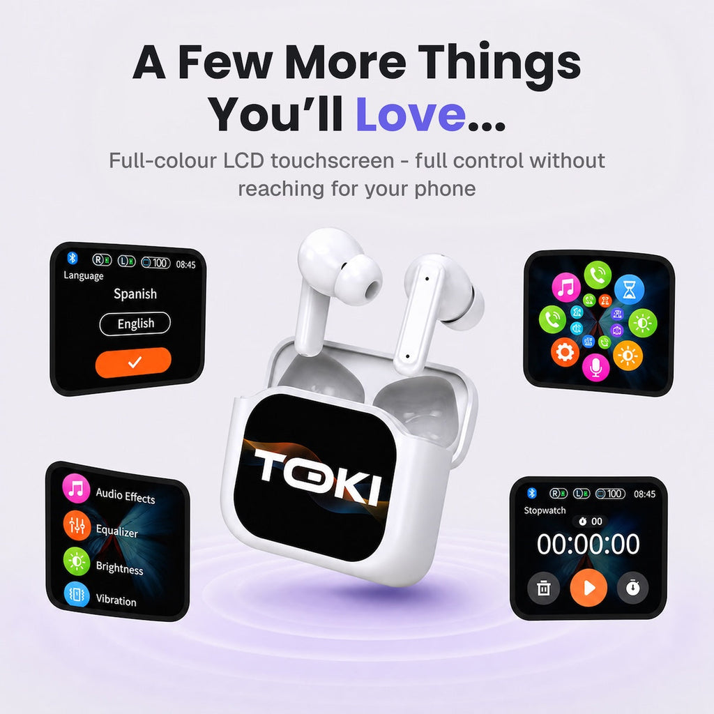 Toki Pro-5 AI Translation Earbuds With Smart LCD Charging Case