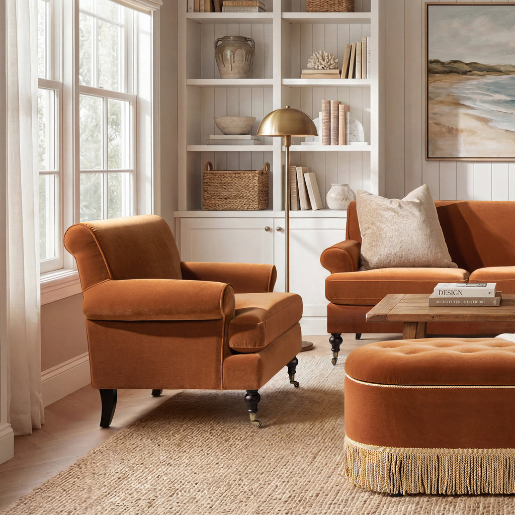 Alana 38" Lawson Accent Arm Chair with Metal Casters, Burnt